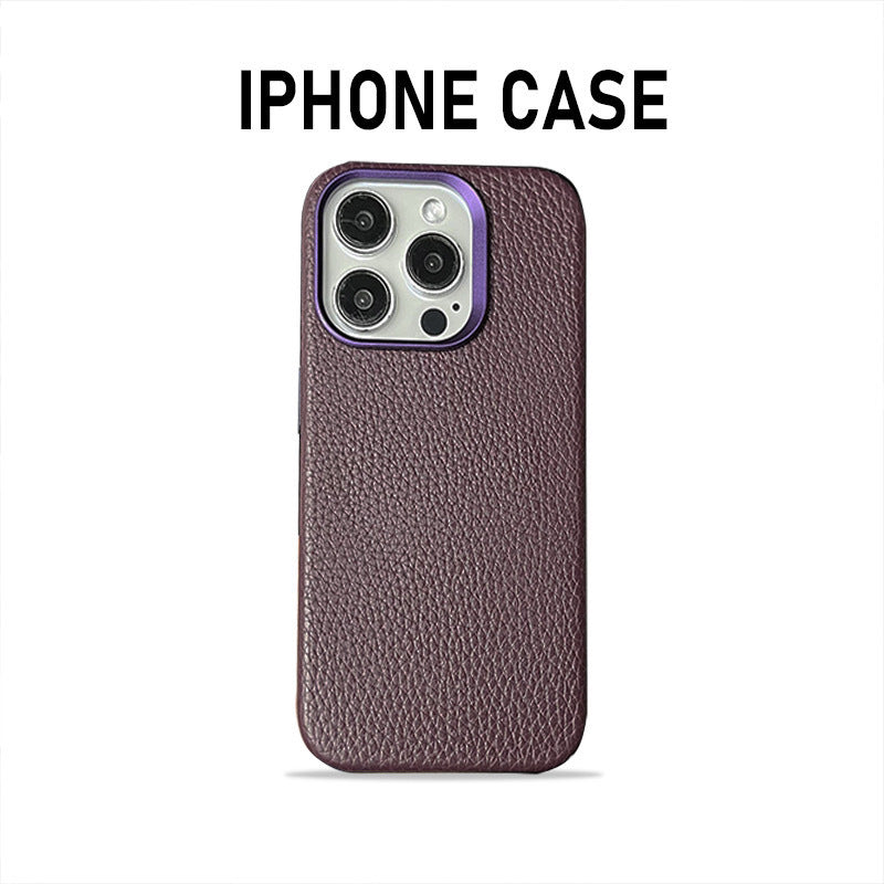 Plain Leather Magnetic Phone Case Lychee Pattern Drop-resistant Protective Cover